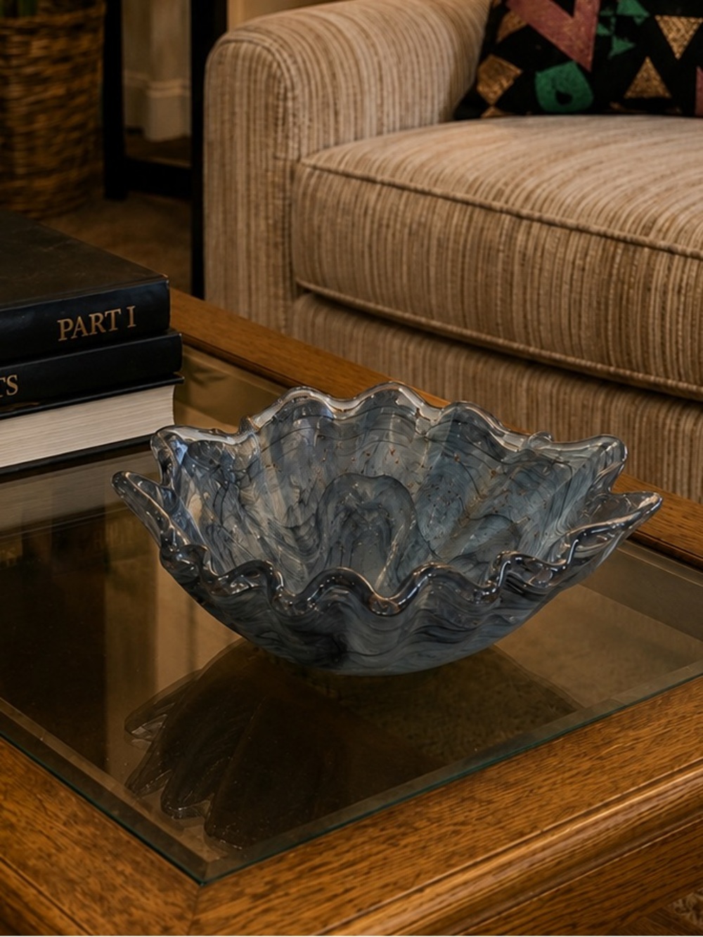 Vintage Hand-Blown Studio Art Glass Bowl – Freeform Ruffled Centerpiece